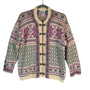 Voss Norwegian Fair Isle Cardigan XS Cream Pink Gray Nordic Sweater